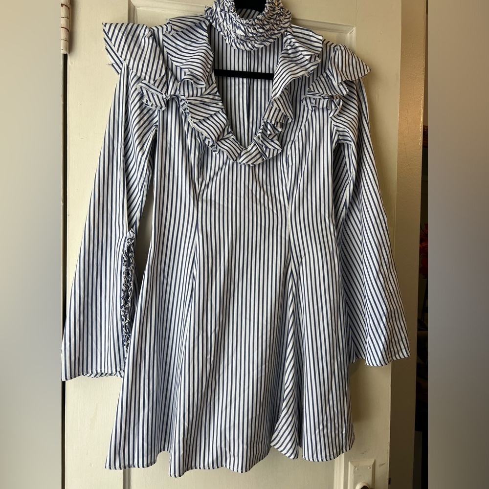 Caroline Constas Micki Choker V Neck Cotton Striped Ruffle Dress 4 - Picture 9 of 13